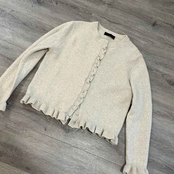Cream Ruffle Trim Cardigan Sweater - Picture 5 of 5